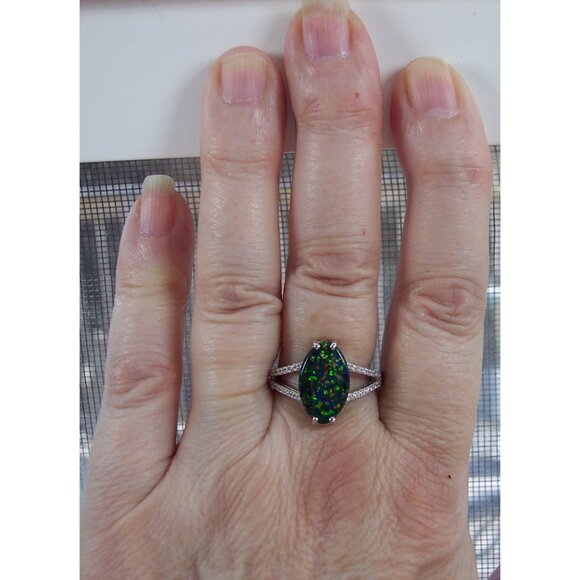 925 Sterling Silver Marquise Lab Created Green Black Opal CZ Ring - Picture 12 of 15